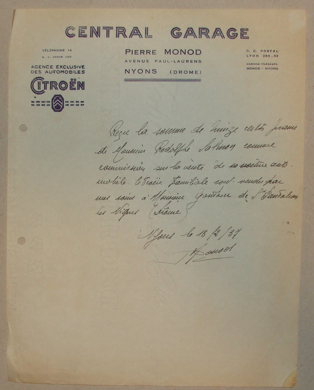 1935 French France CITROEN Central Garage Nyons Letter Pierre Monod Car Agency