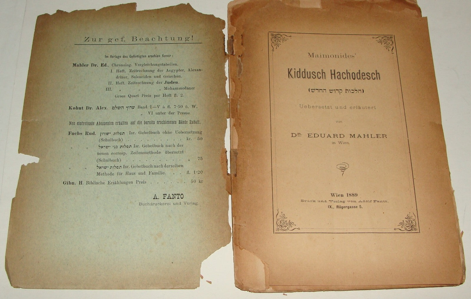 Germany Book Jewish RARE Judaica 1889 German Rabbi Maimonides Astronomy MAHLER