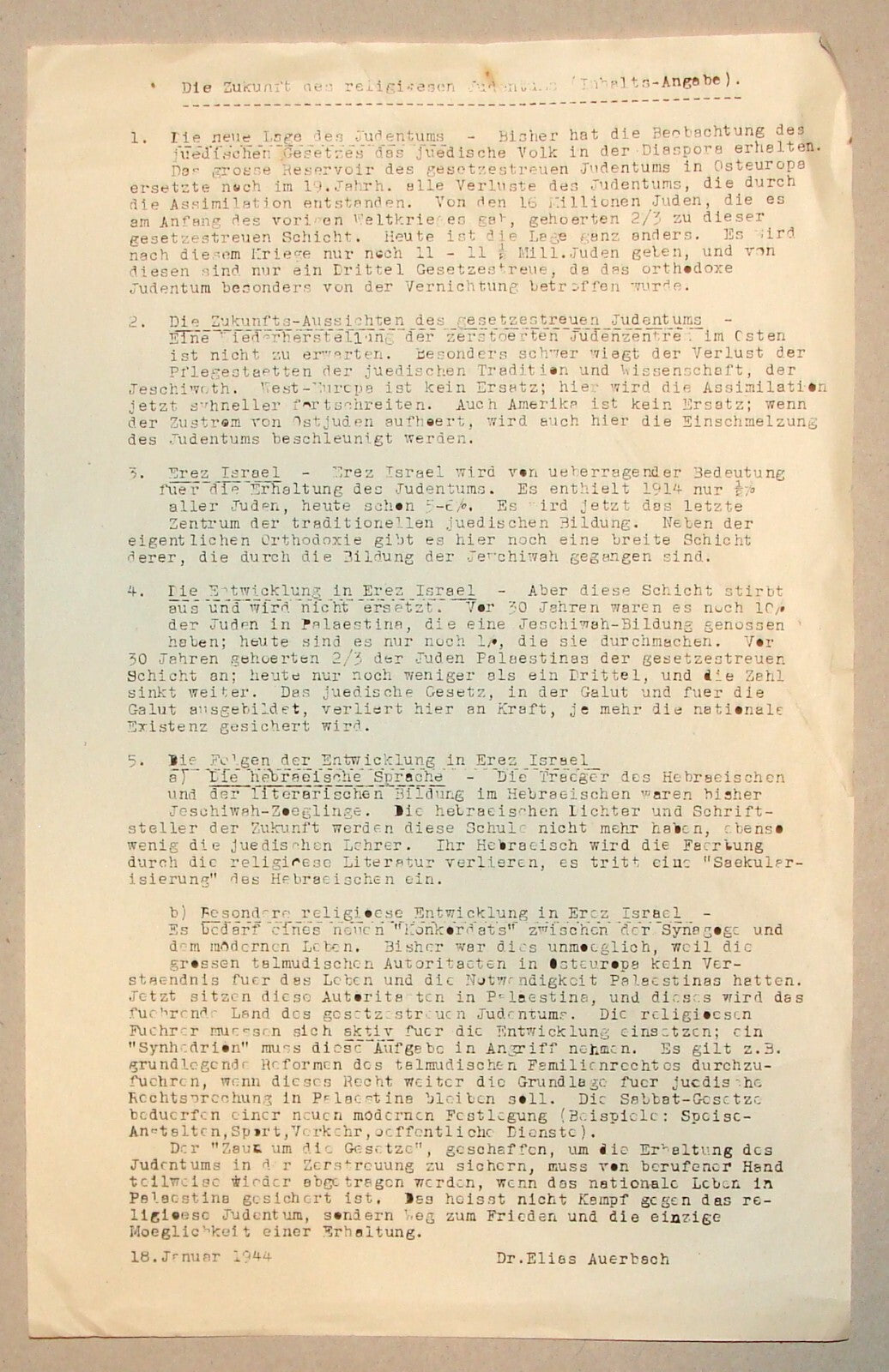 Paper Palestine Jewish Judaica 1944 Israel Auerbach German WWII Religious Future