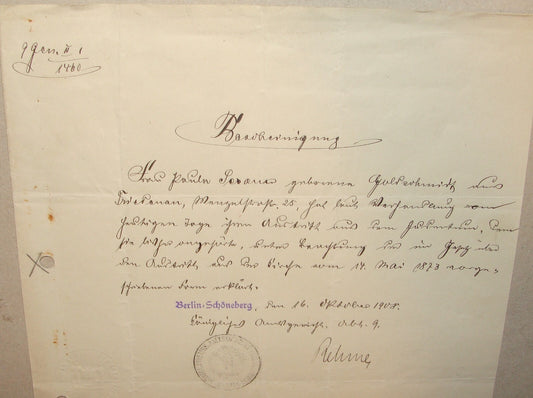 Germany Jewish Judaica German   Nienburg GOLDSCHMIDT Berlin Certificate 1908