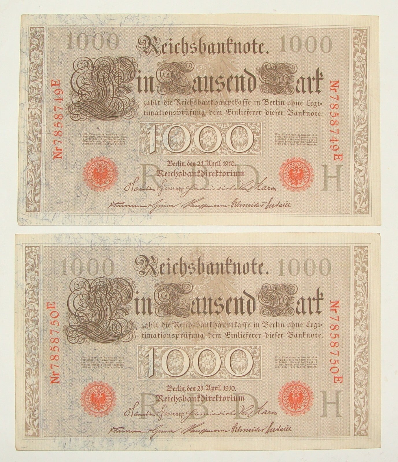 Germany 1910   Banknote 1000 Mark x2 Consecutive Serial Numbers