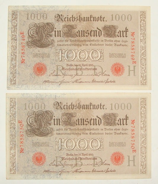 Germany 1910   Banknote 1000 Mark x2 Consecutive Serial Numbers