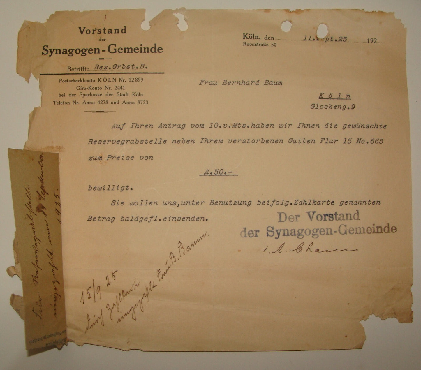 Germany Letter Jewish Judaica 1925 German Koln Synagogue Synagogen Gemeinde
