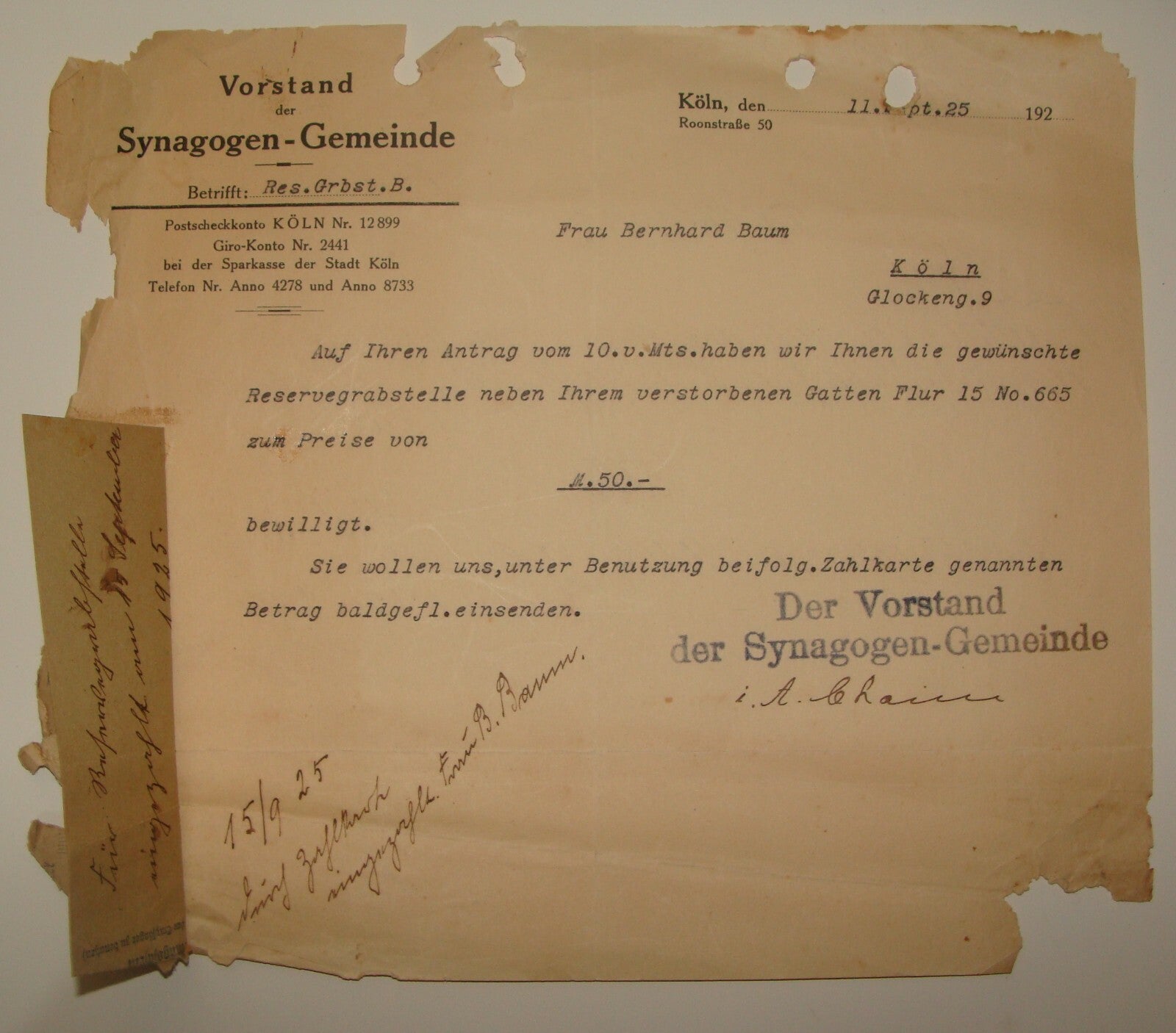 Germany Letter Jewish Judaica 1925 German Koln Synagogue Synagogen Gemeinde