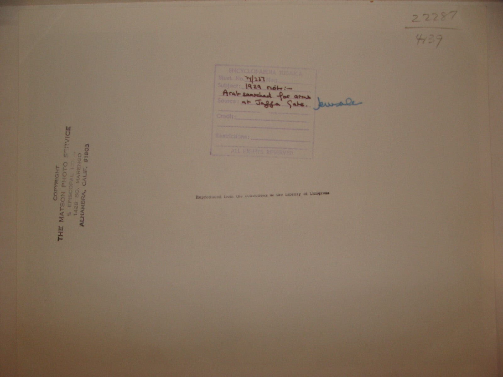 Photo Print Palestine MATSON , 1929 Israel Jewish Arab Riots Jerusalem Police