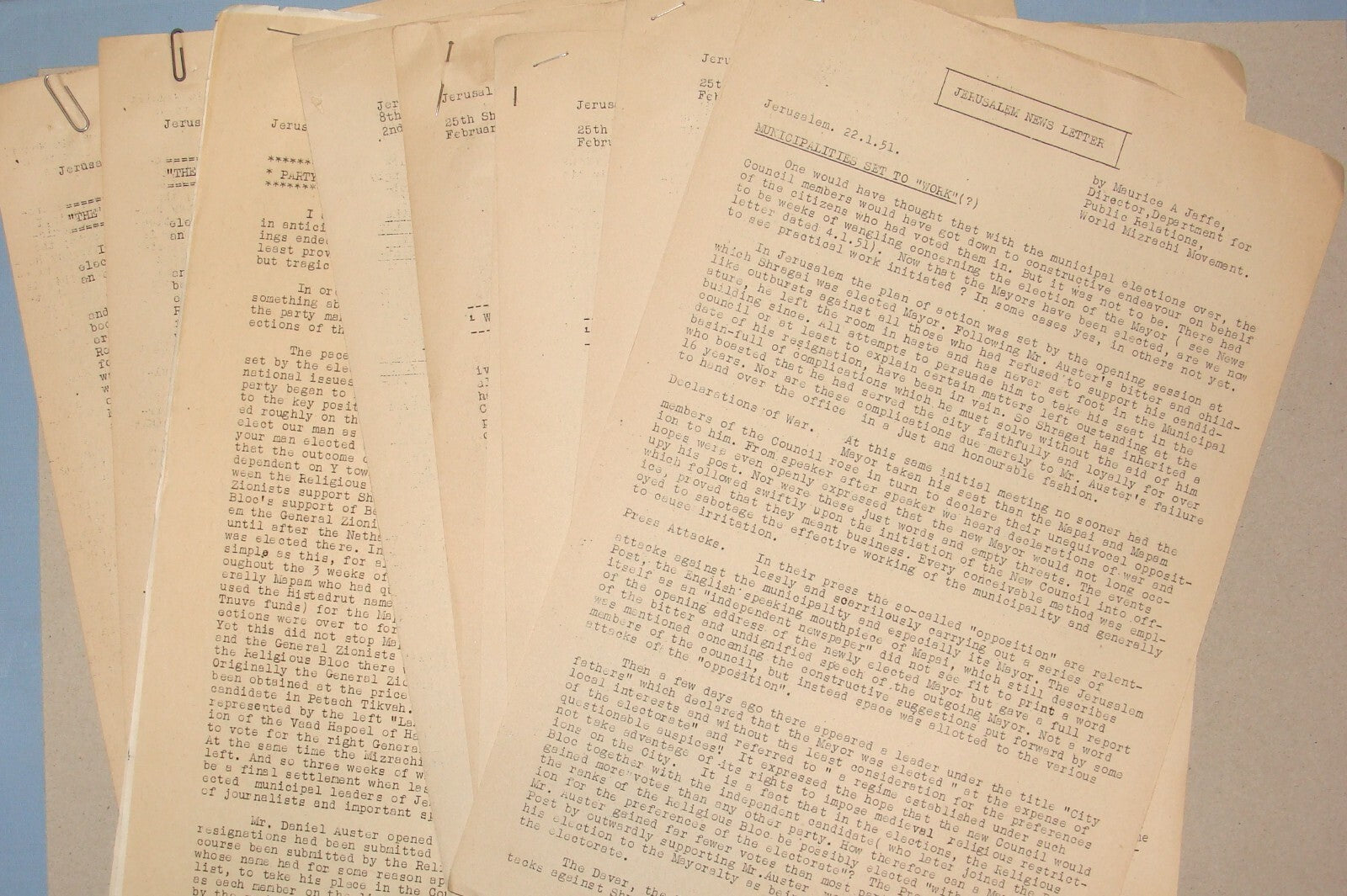 Letter Jewish RARE 1950-51 Israel Rabbi MAURICE JAFFE Jerusalem News x6 Zionist