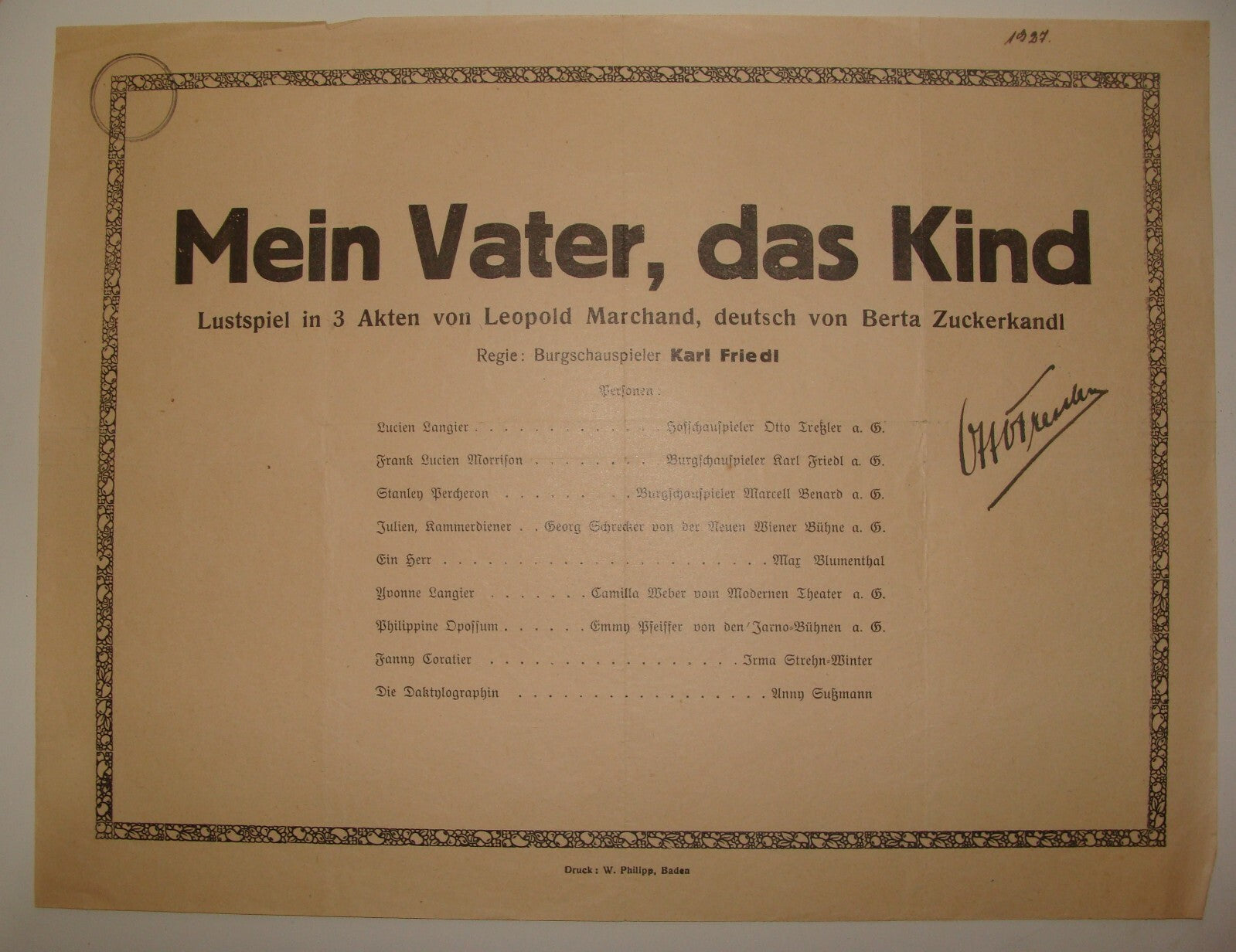 OTTO TRESSLER SIGNED SIGNATURE AUTOGRAPH Austria Wien Theatre Opera MEIN VATER