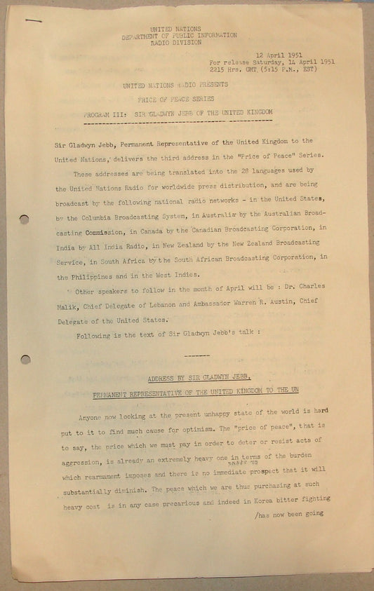 1951 United Nations UN Radio Price of Peace Series British Gladwyn Jebb