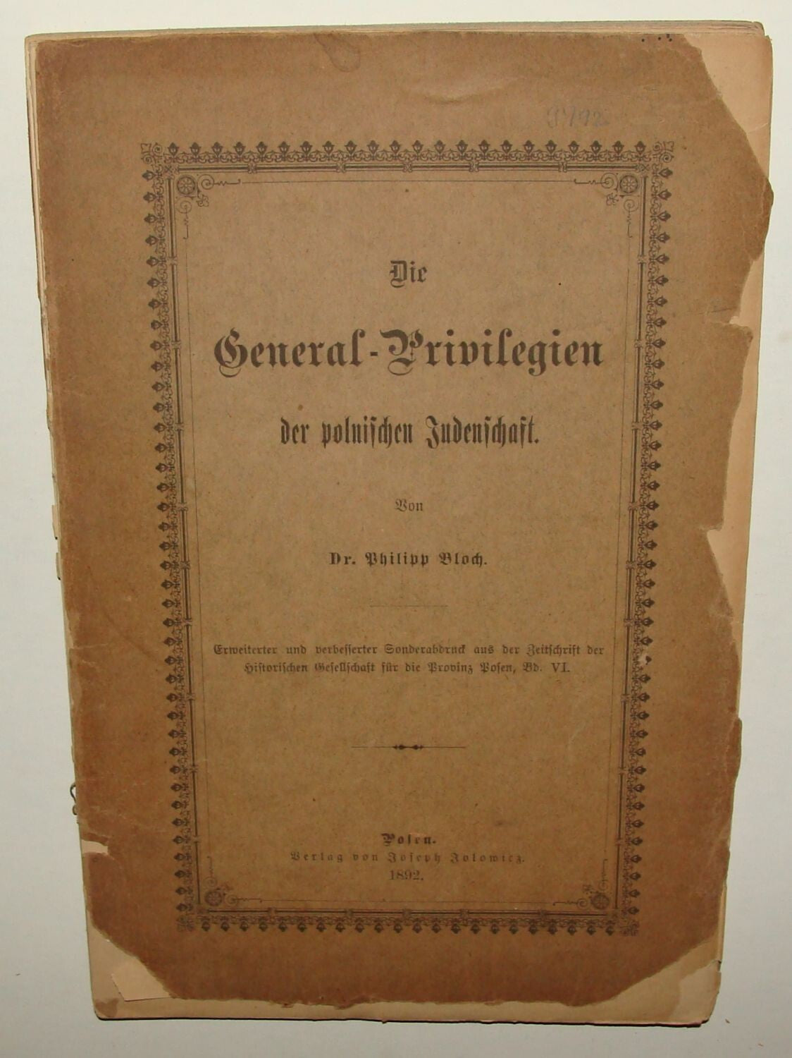 Book Jewish Judaica 1892 Poland JEWS RIGHTS Poznan German 1st Edition Bloch RARE