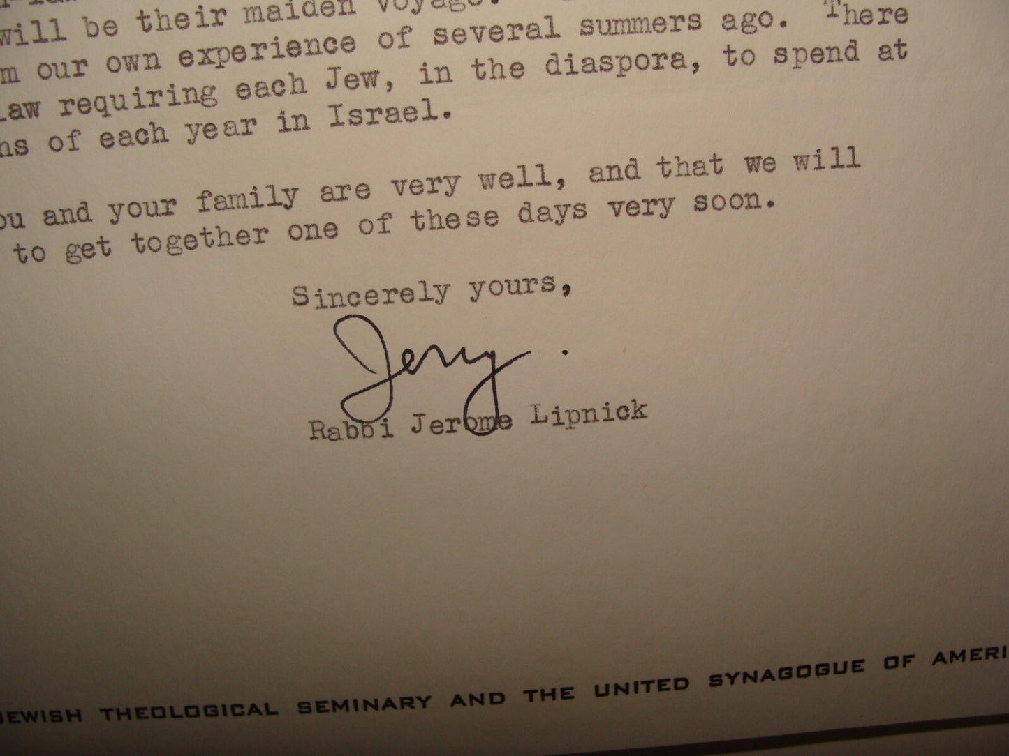 $ Letter Jewish American Judaica Rabbi Jerome Lipnick Signed Temple Beth El NY