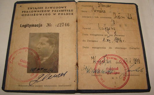 Card Jewish Poland Polish 1940s Workers Union Identity Certificate Judaica