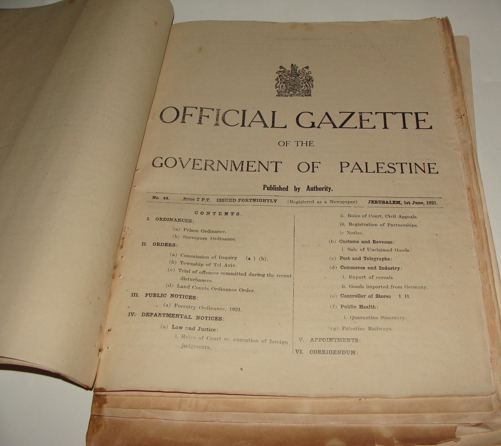 Pol Newspaper Palestine RARE British Government of Gazette 1921 ENGLISH & HEBREW
