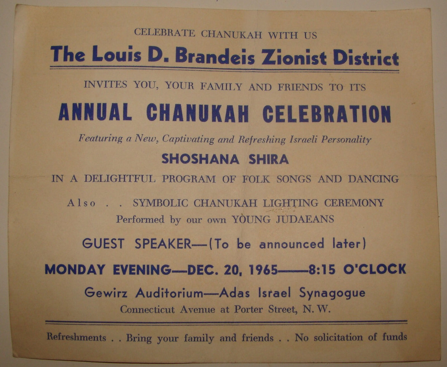 Jewish American Judaica 1965 United States Brandeis Zionist Hanukkah Synagogue