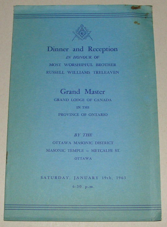 Masonic Freemason Russel Williams Treleaven Canada Ottawa Lodge Dinner Menu 1963