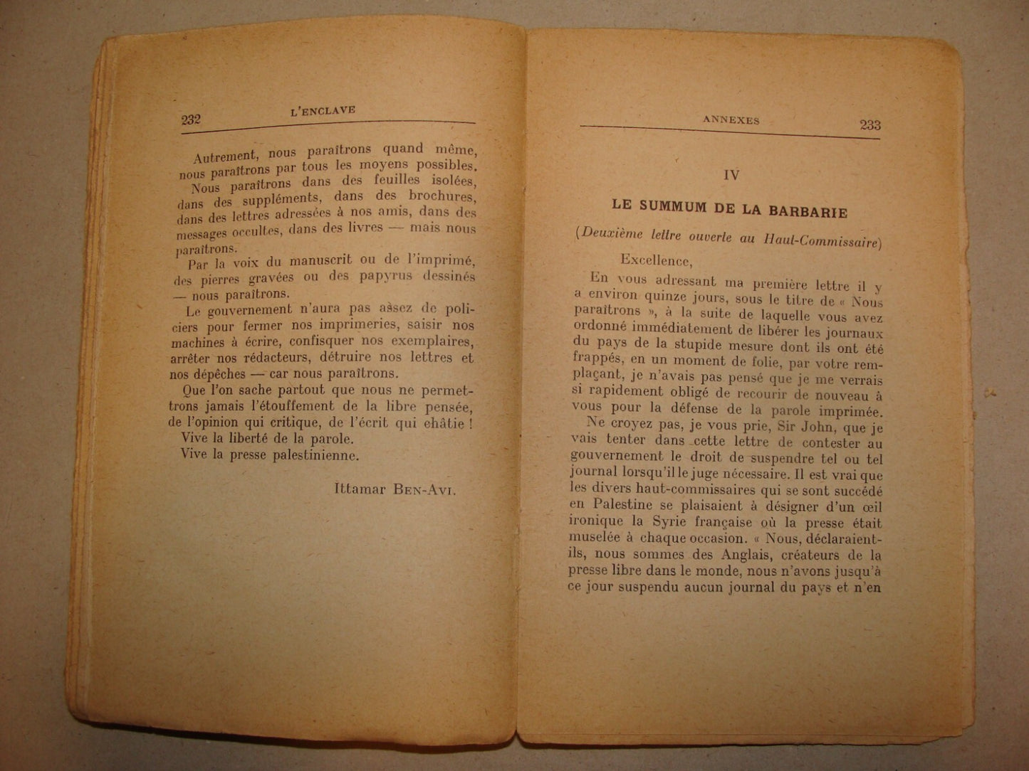 Book Jewish 1931 ITAMAR BEN AVI L'ENCLAVE French 1st Edition Zionist Palestine