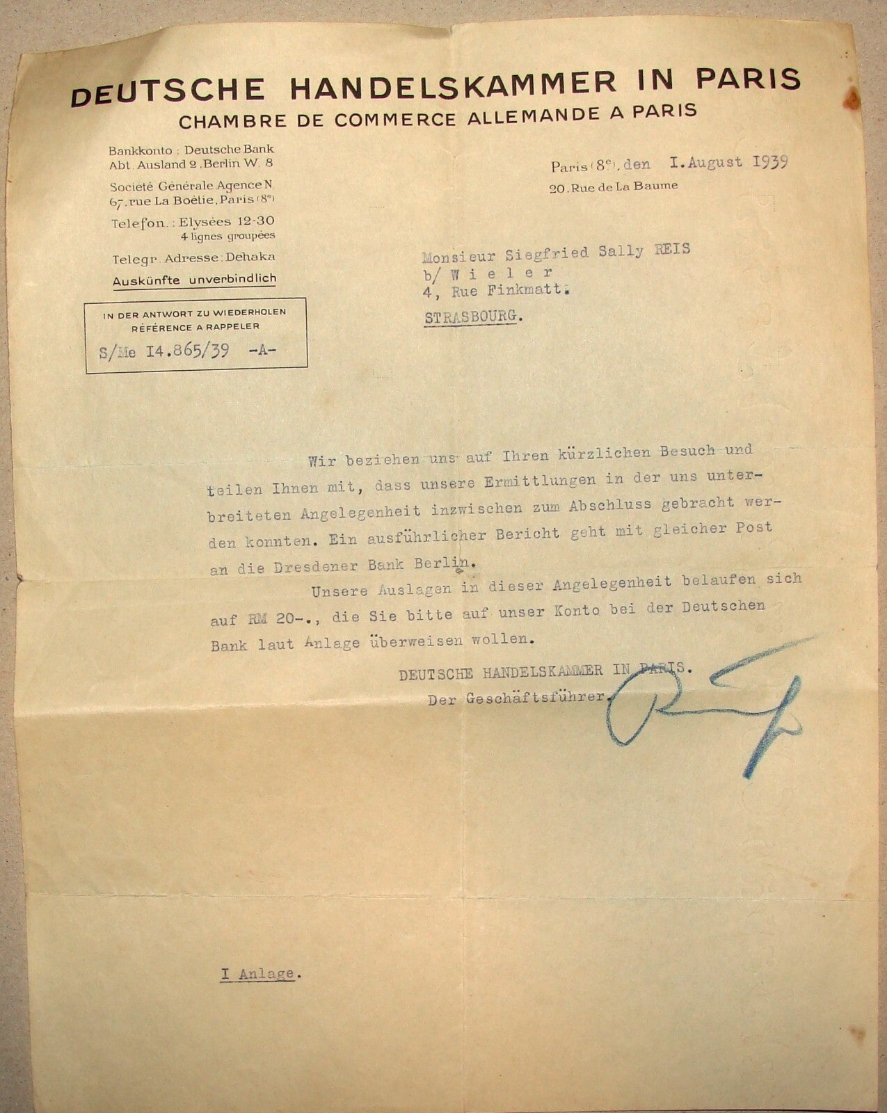 Letter Jewish Sigfried Reis 1939 German France Paris deutsche handelskammer