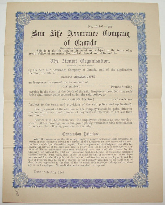 Jewish Sun Life Assurance Company of Canada Zionist Organisation London 1947