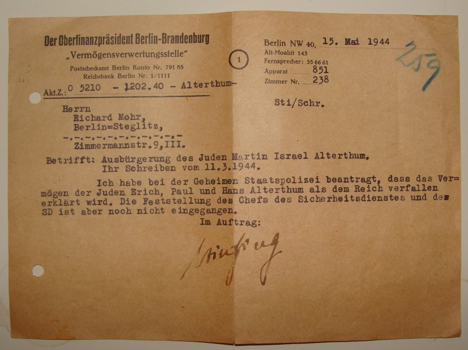 Germany Letter Jewish RARE Judaica 1944 WWII German Nazi Reich ALTERTHUM Deport