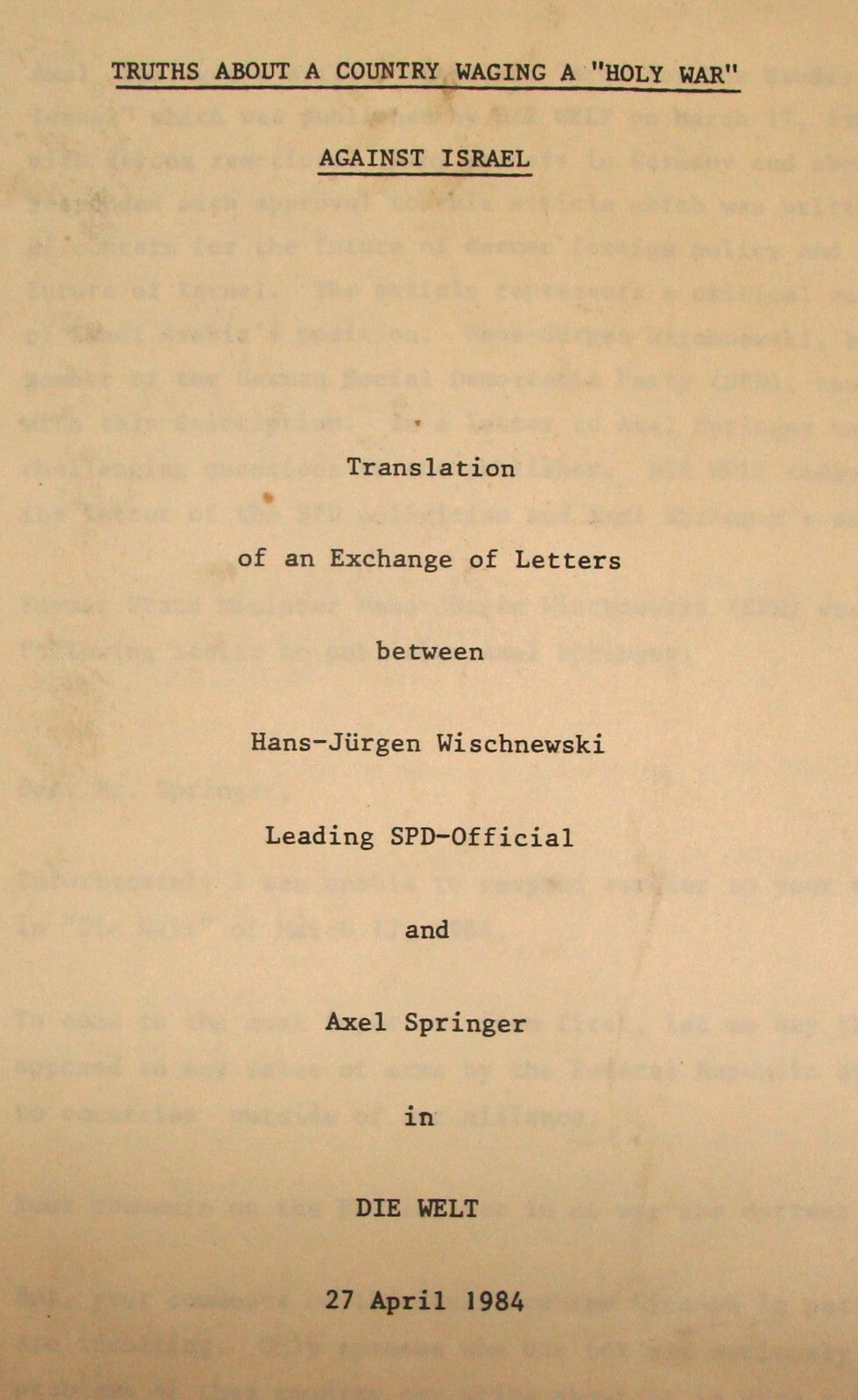 Germany Paper Palestine Jewish 1984 German DIE WELT Israel Wischnewski Springer