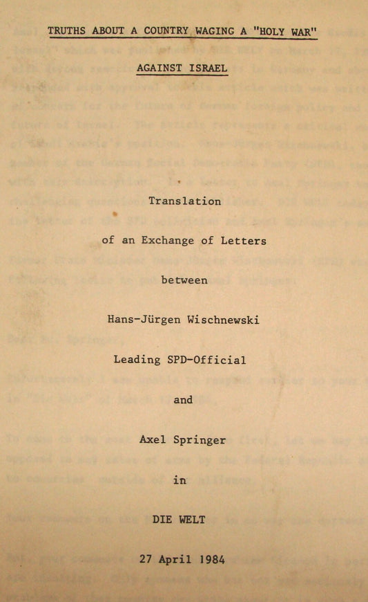 Germany Paper Palestine Jewish 1984 German DIE WELT Israel Wischnewski Springer