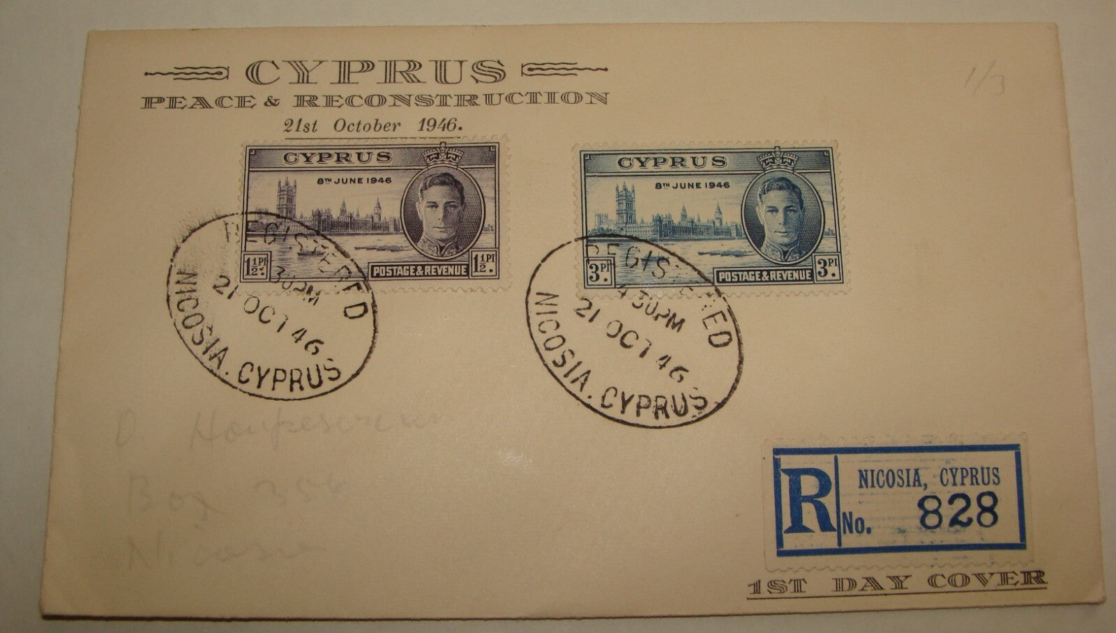 1946 Cyprus Nicosia Peace & Reconstruction Stamp First Day Cover