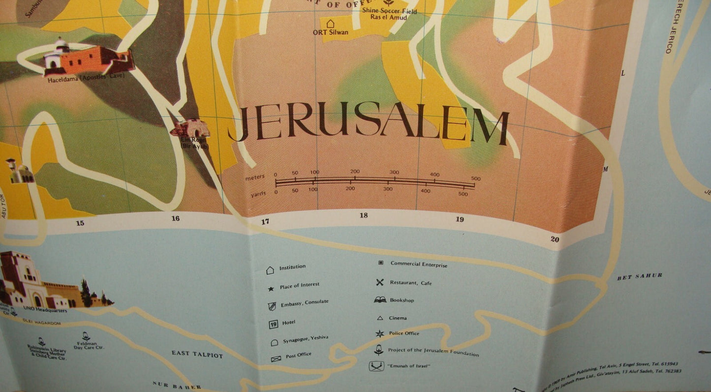 Jewish Judaica Israel JERUSALEM Pictorial Map Amir Publishing 1980 Guide