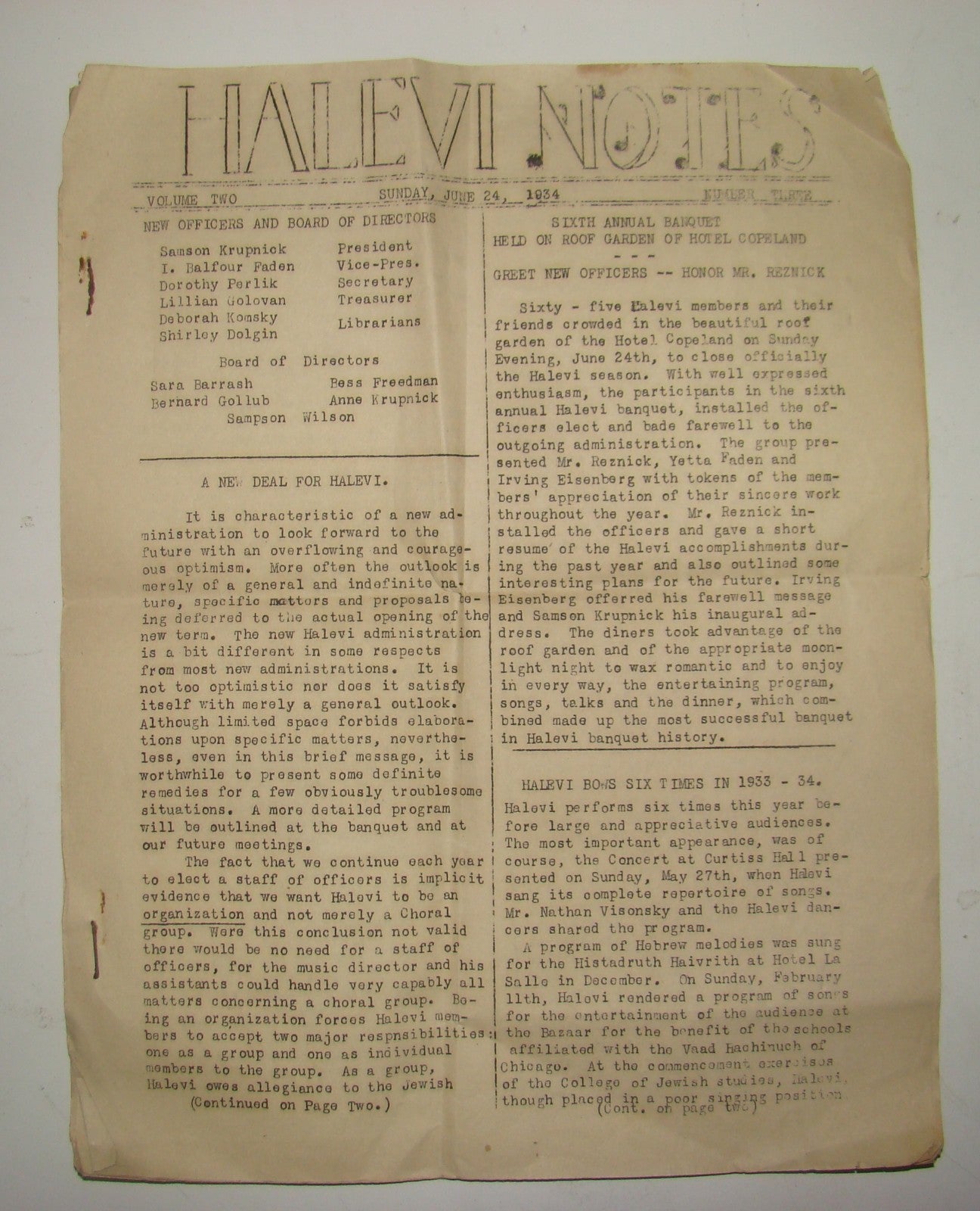 Journal Jewish judaica Halevi choir notes rabbi orthodox USA 1934 music program