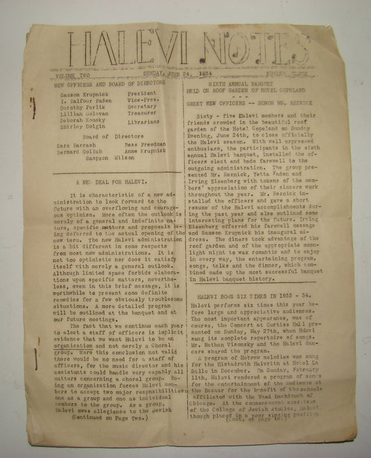 Journal Jewish judaica Halevi choir notes rabbi orthodox USA 1934 music program