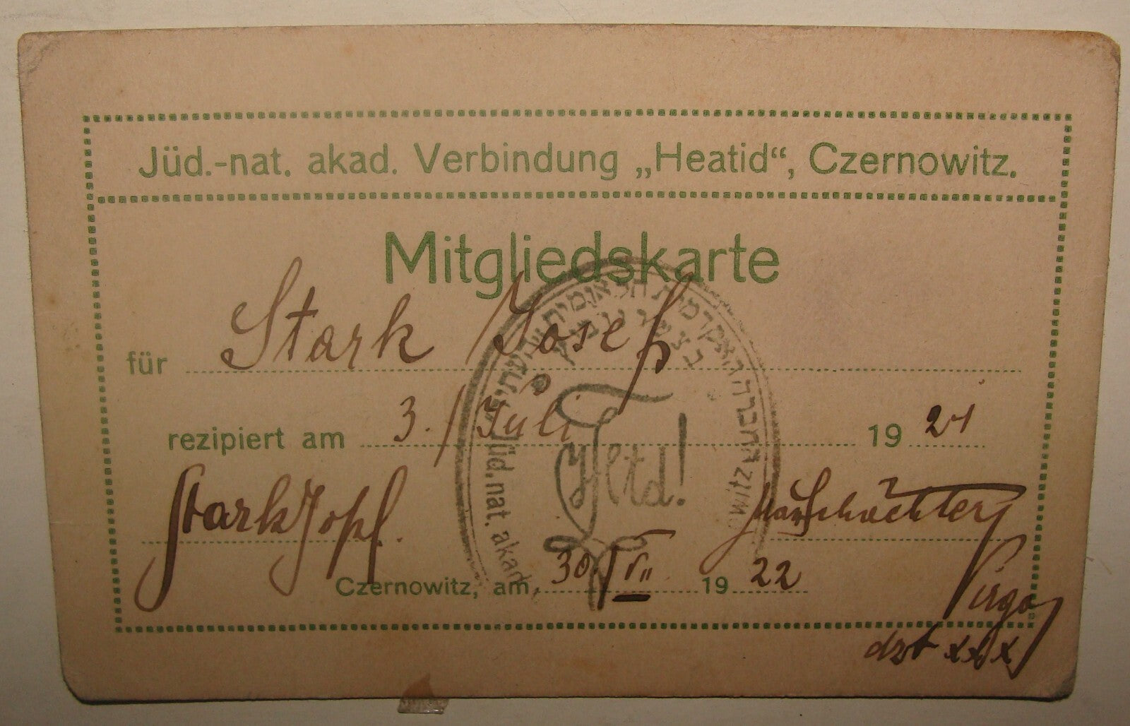 Card Jewish Judaica 1922 Zionist Hebrew HEATID Member German Czernowitz Ukraine