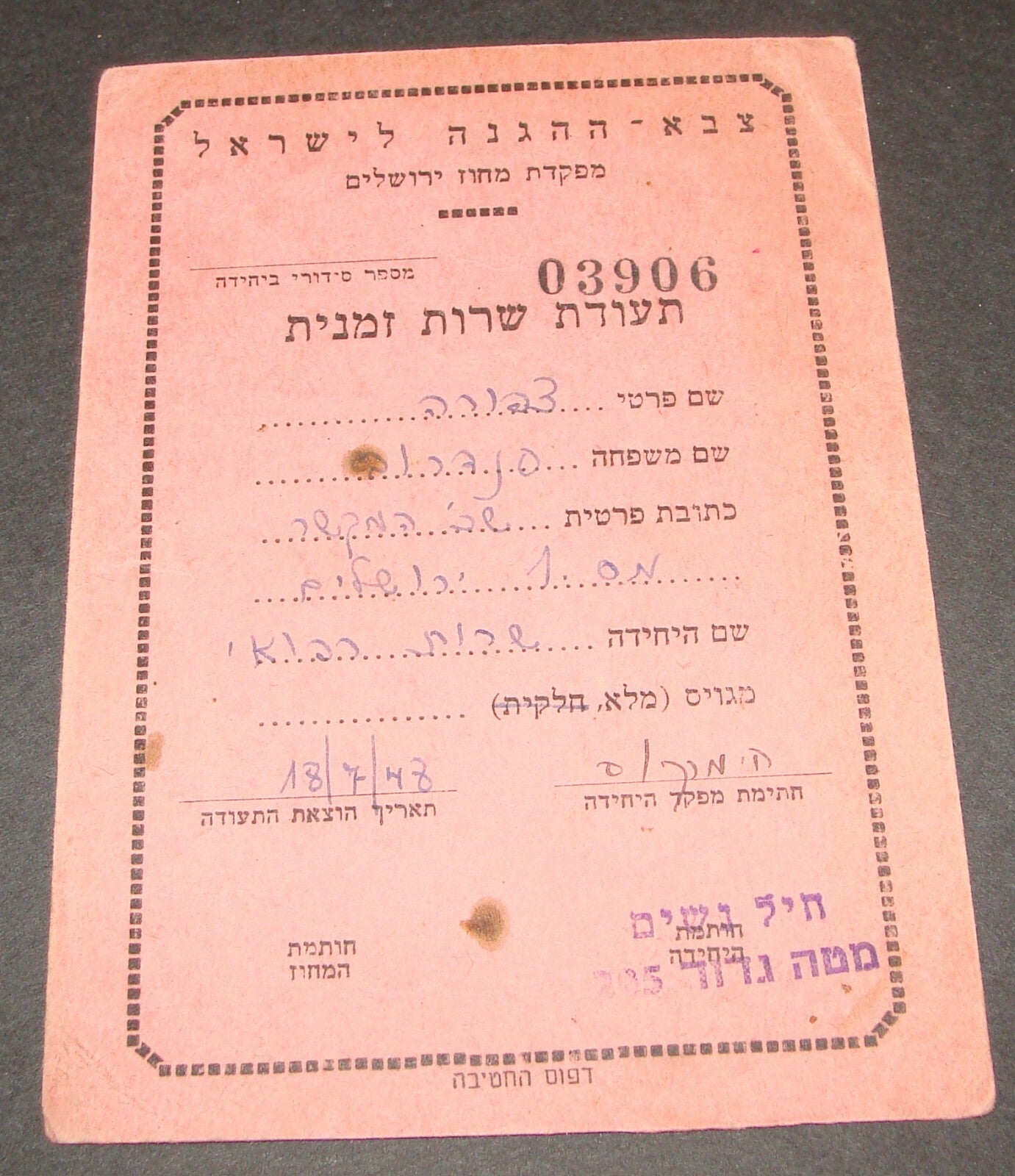 Israel Army Israeli Military 1948 Independence War Jerusalem Certificate Woman