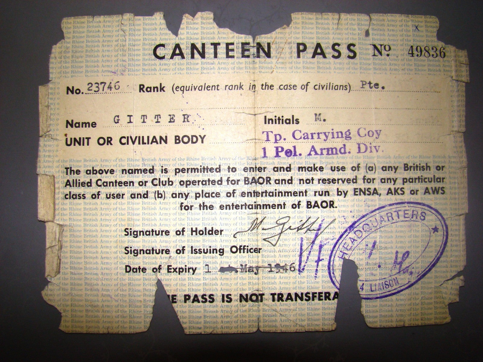 letter certificate ww2 british britain BAOR canteen pass poland soldier