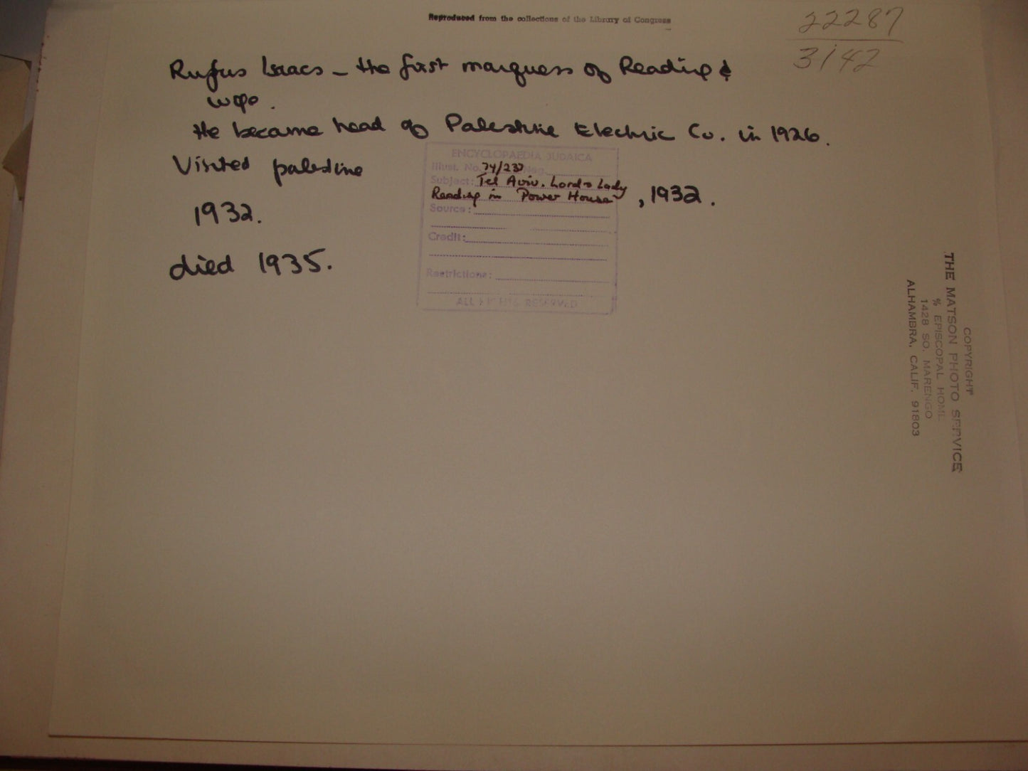 Photo Print Palestine Ad MATSON 1932 British Israel Haifa Lord Reading Jewish