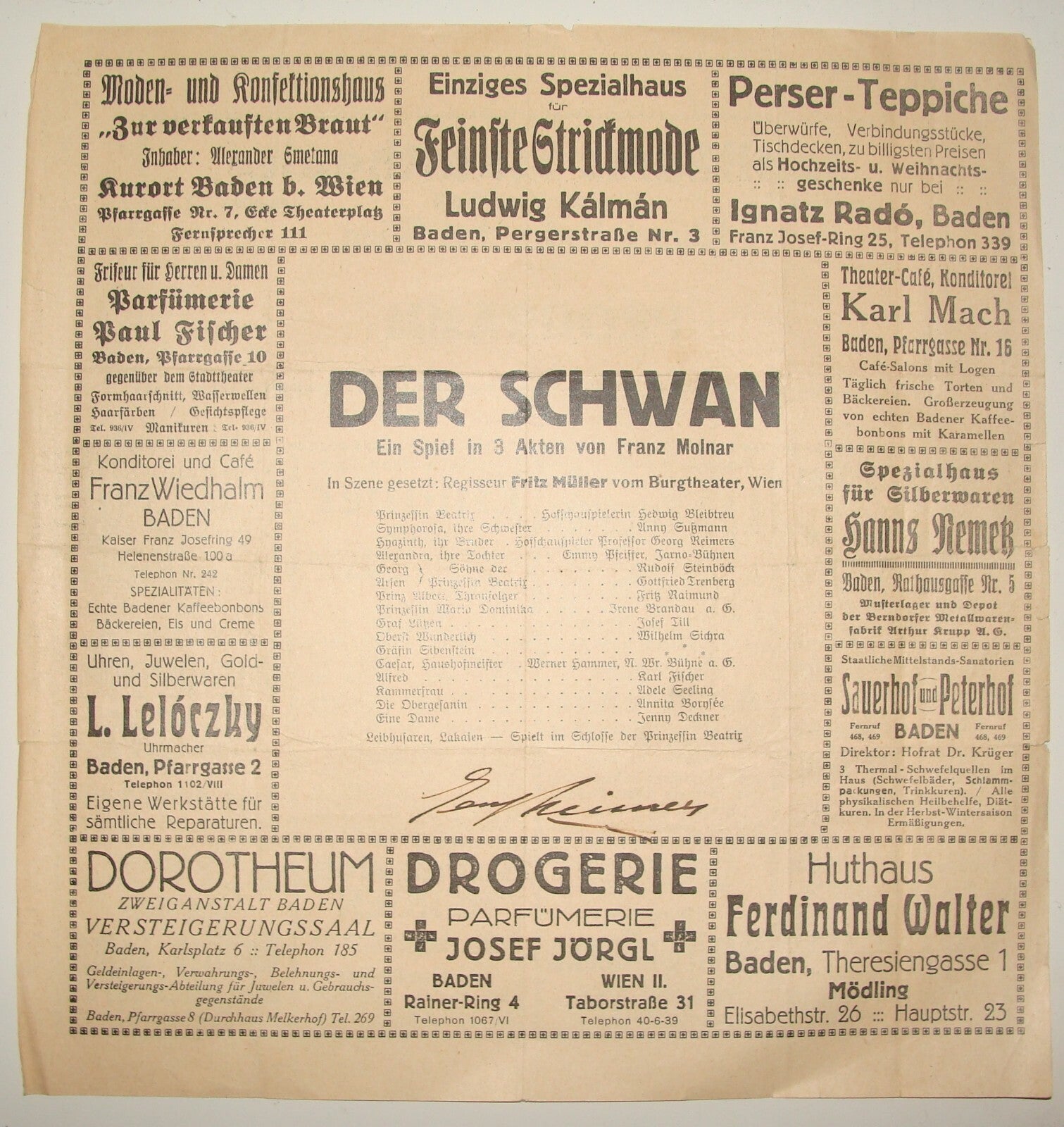 Austria Wien DER SCHWAN Theater Opera 1920s-30s Ad SIGNED SIGNATUE AUTOGRAPH