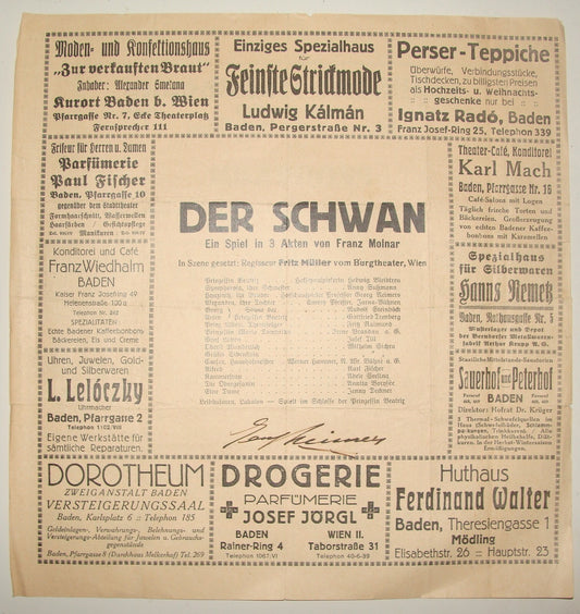 Austria Wien DER SCHWAN Theater Opera 1920s-30s Ad SIGNED SIGNATUE AUTOGRAPH