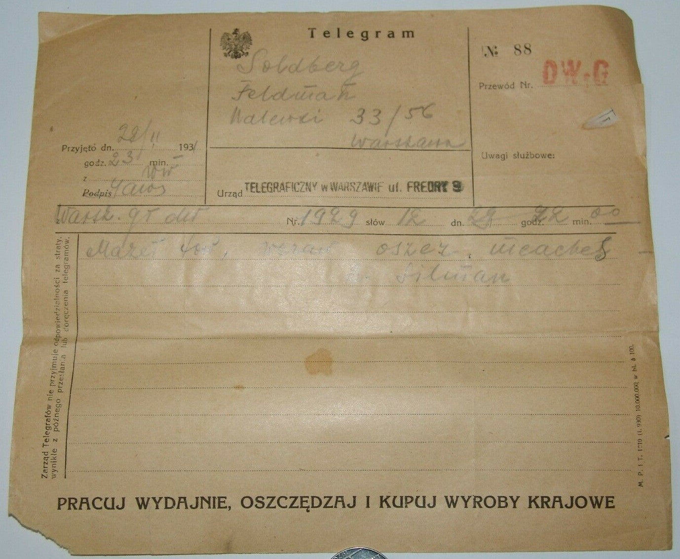 judaica jewish telegram poland warsaw Goldberg Feldman greetings 1931