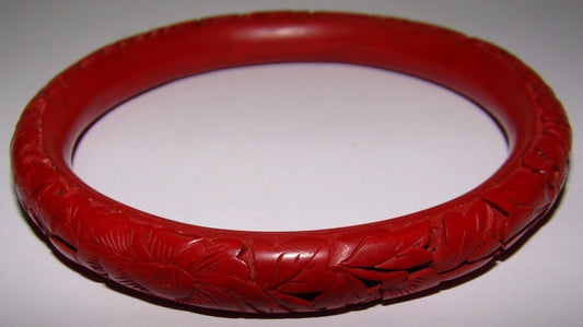 Antique Hand Carved Lacquer Red Cinnabar Bangle Bracelet Flowers