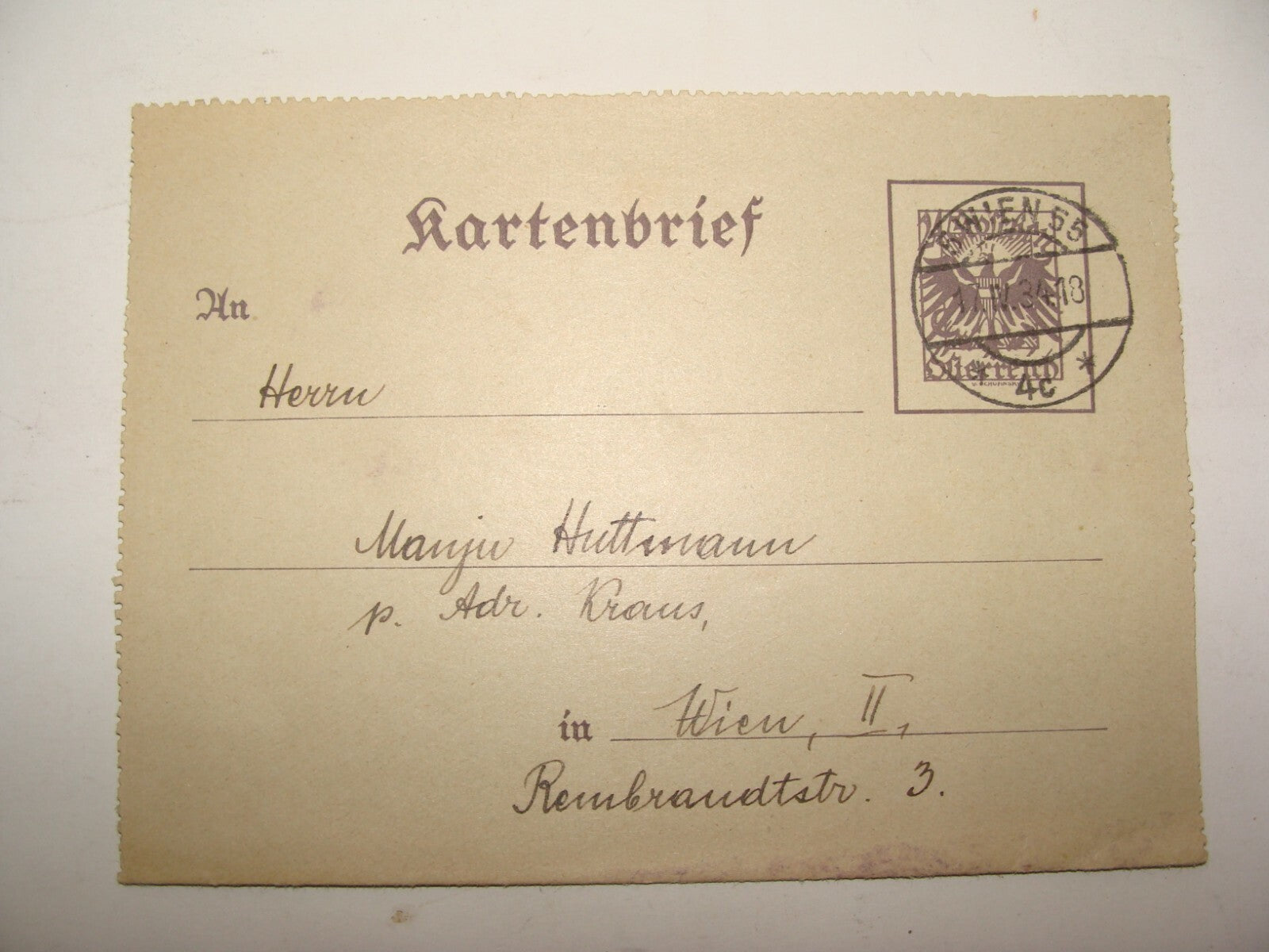 1934 Austria Wien Stationery Cover Love Letter Postcard Stamp German