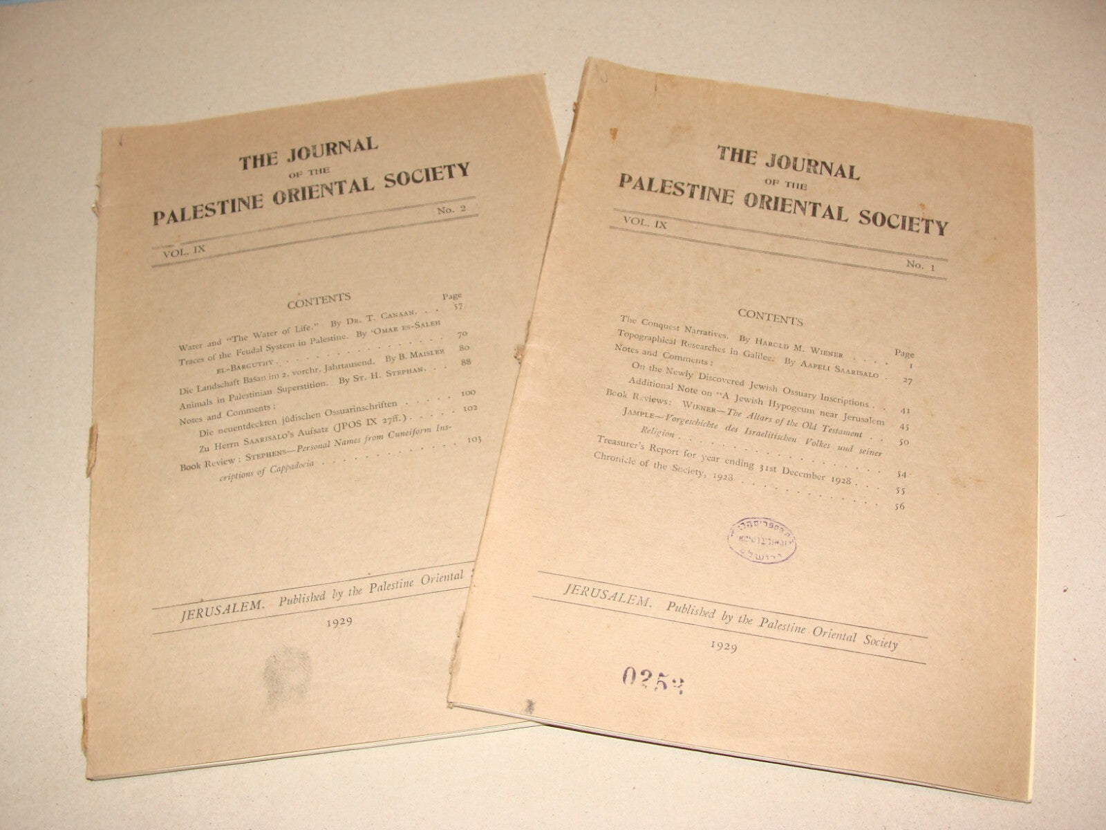 $ Journal Palestine 1929 Israel Oriental Society x2 Jewish Judaica