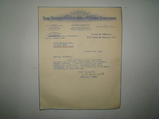 stoke newington conservative and unionist association letter logo 1935 london