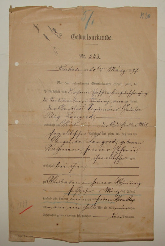 Germany Ad Jewish Judaica 1897   Wiesbaden LANGROD Birth Certificate German