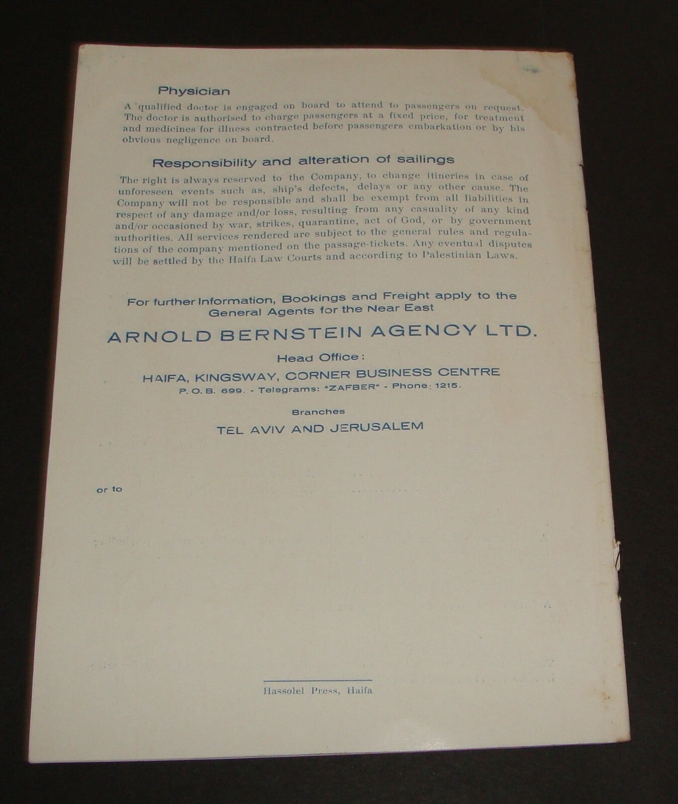 Ad Palestine 1935 Israel Shipping Ship Haifa Trieste Navigation Company Brochure