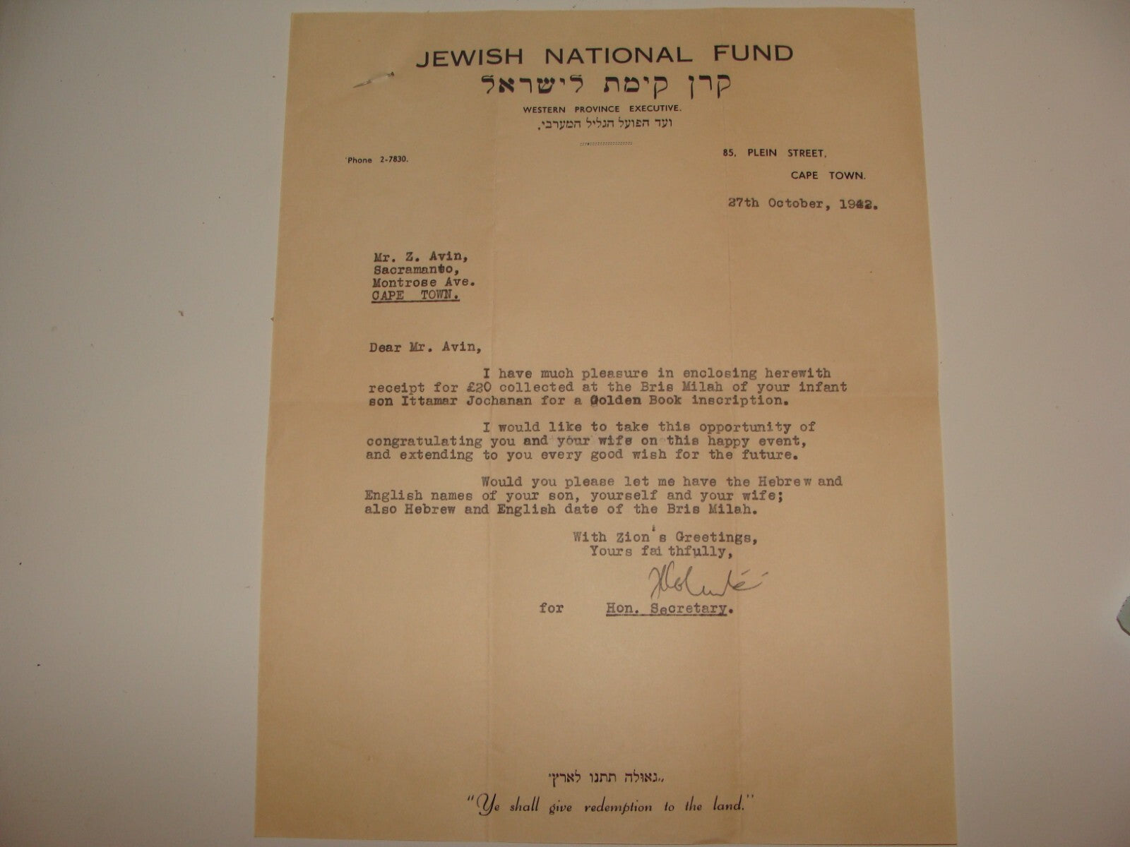 Letter Jewish Judaica 1942 National Fund South Africa Cape Town Receipt Zionist
