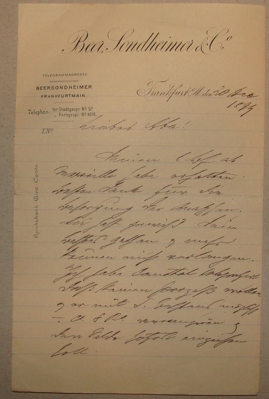 Germany Letter Jewish BEER, SONDHEIMER & CO 1890s German Frankfurt Judaica