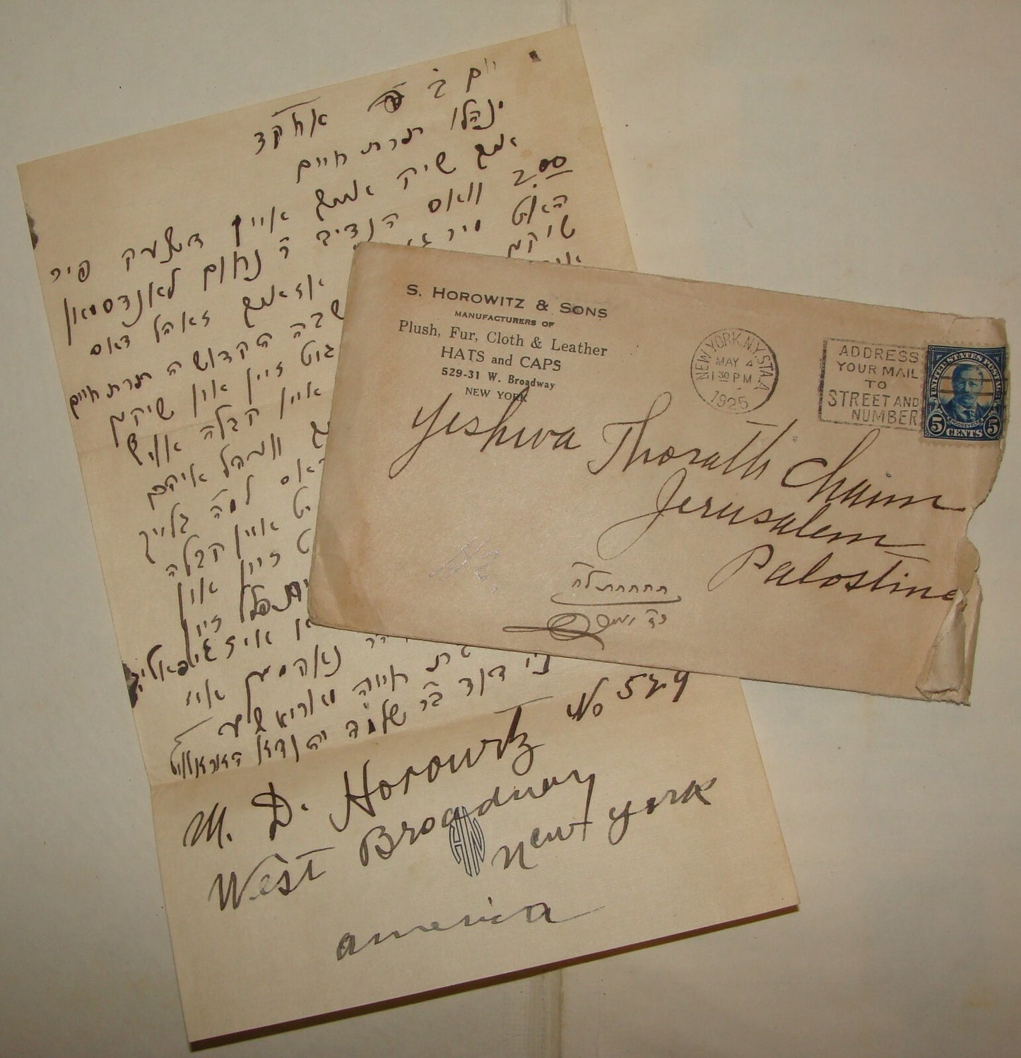 Letter Jewish American Judaica 1925 USA New York Cover Horowitz Yiddish