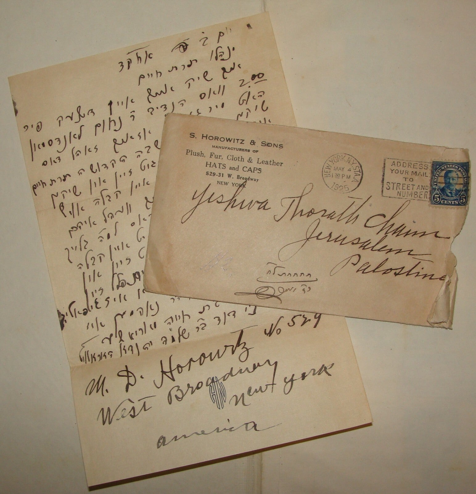 Letter Jewish American Judaica 1925 USA New York Cover Horowitz Yiddish