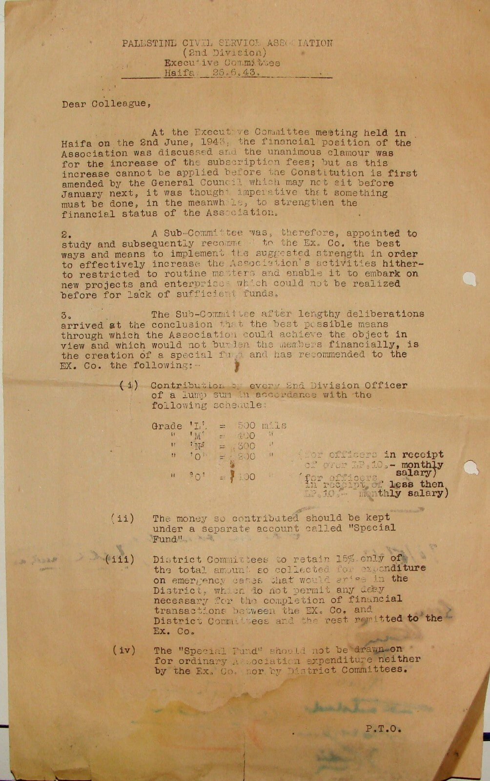 Letter Palestine Arab Jewish Civil Service Association 2nd Division 1943 Haifa