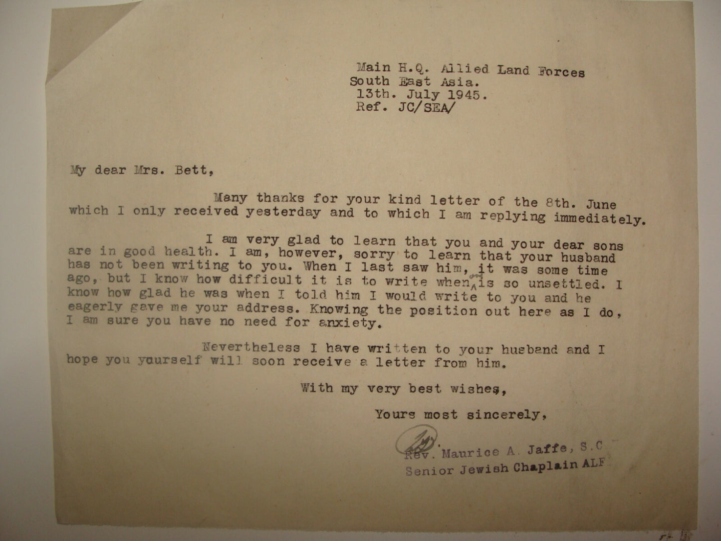 Letter Jewish Judaica WW2 1945 British Army Brigade Rabbi Jaffe South East Asia