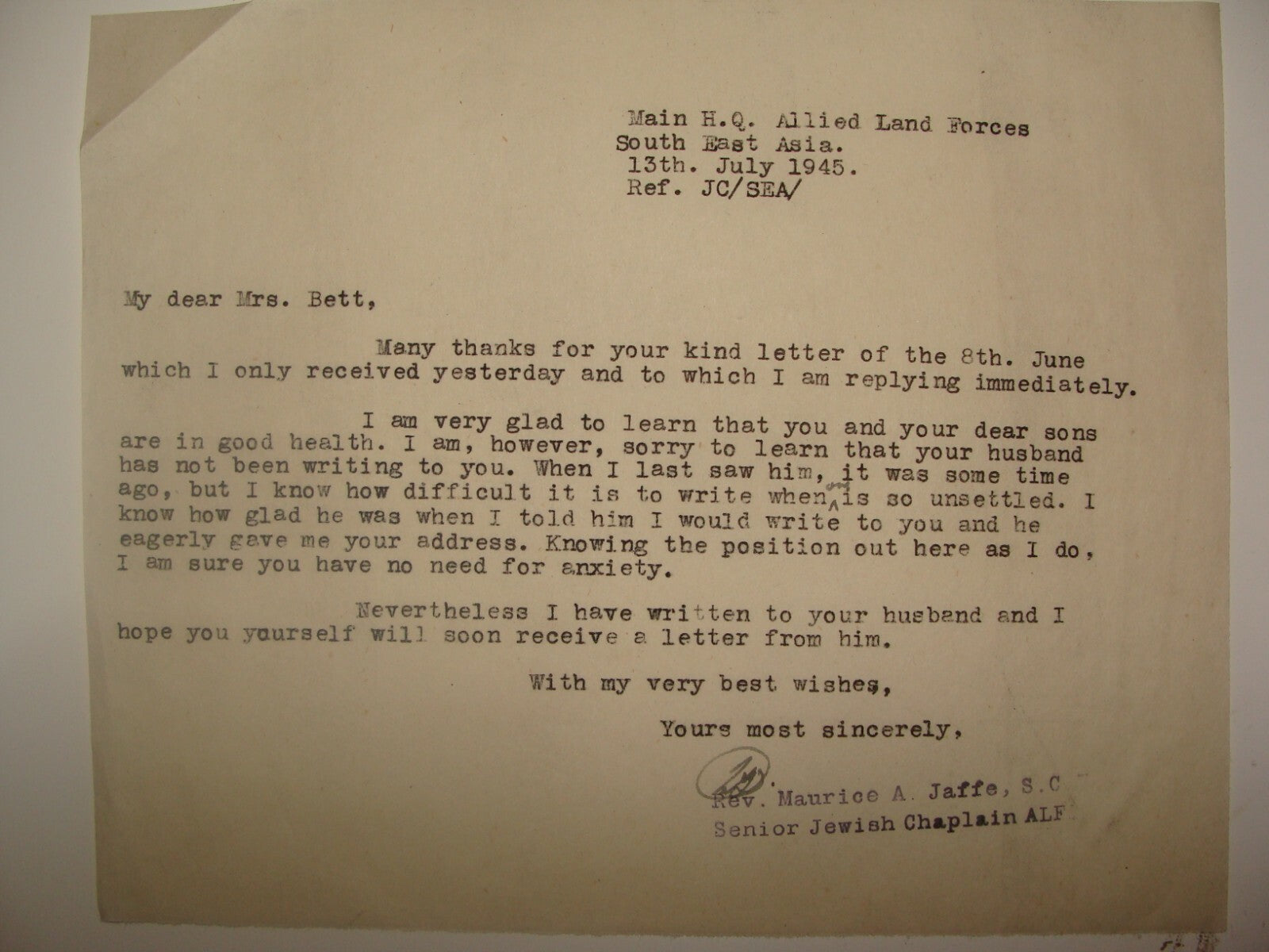 Letter Jewish Judaica WW2 1945 British Army Brigade Rabbi Jaffe South East Asia