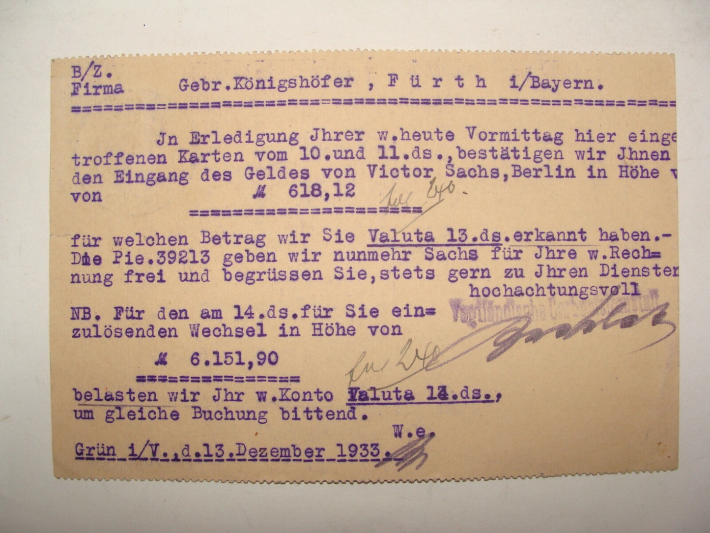 Germany Card Jewish Judaica ? Letter Postcard Stamp German Lengenfeld Furth 1933