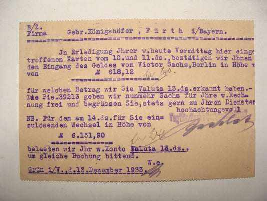 Germany Card Jewish Judaica ? Letter Postcard Stamp German Lengenfeld Furth 1933